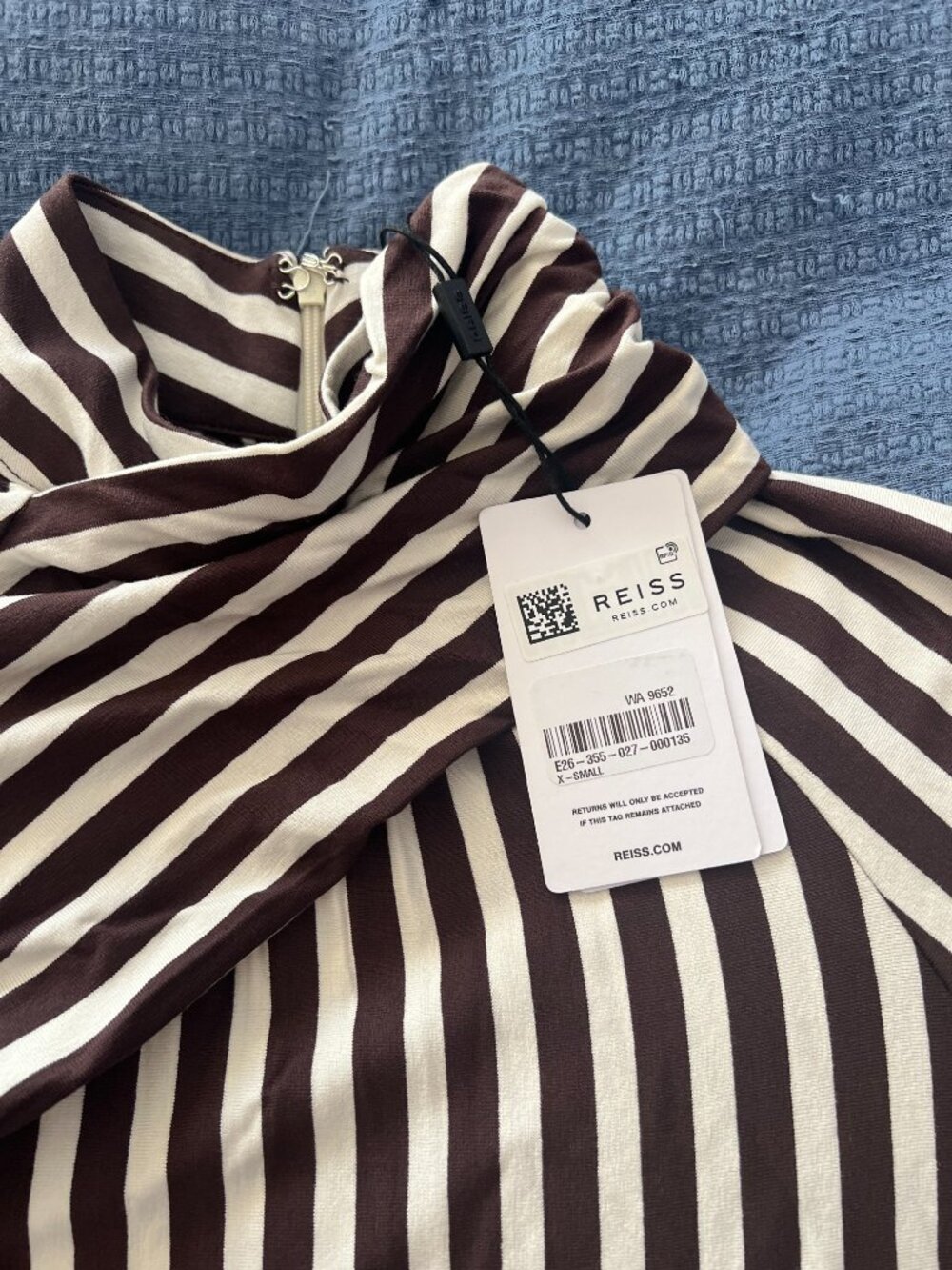 Reiss Brown/Cream Striped Jersey Asymmetric Midi Dress - Picture 2 of 4